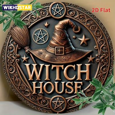 1 Stück 2D Vintage Hexenhaus Metallschild Rundes Eisen Wanddeko mit Stern Hexenhut Besen Design Halloween Deko für Zuhause Garage
