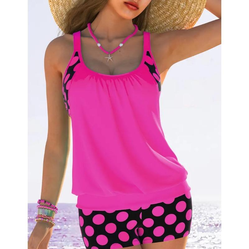Women's Light Blue Polka Dot Tankini Set Racerback Two Piece Modest Swimsuit with Shorts