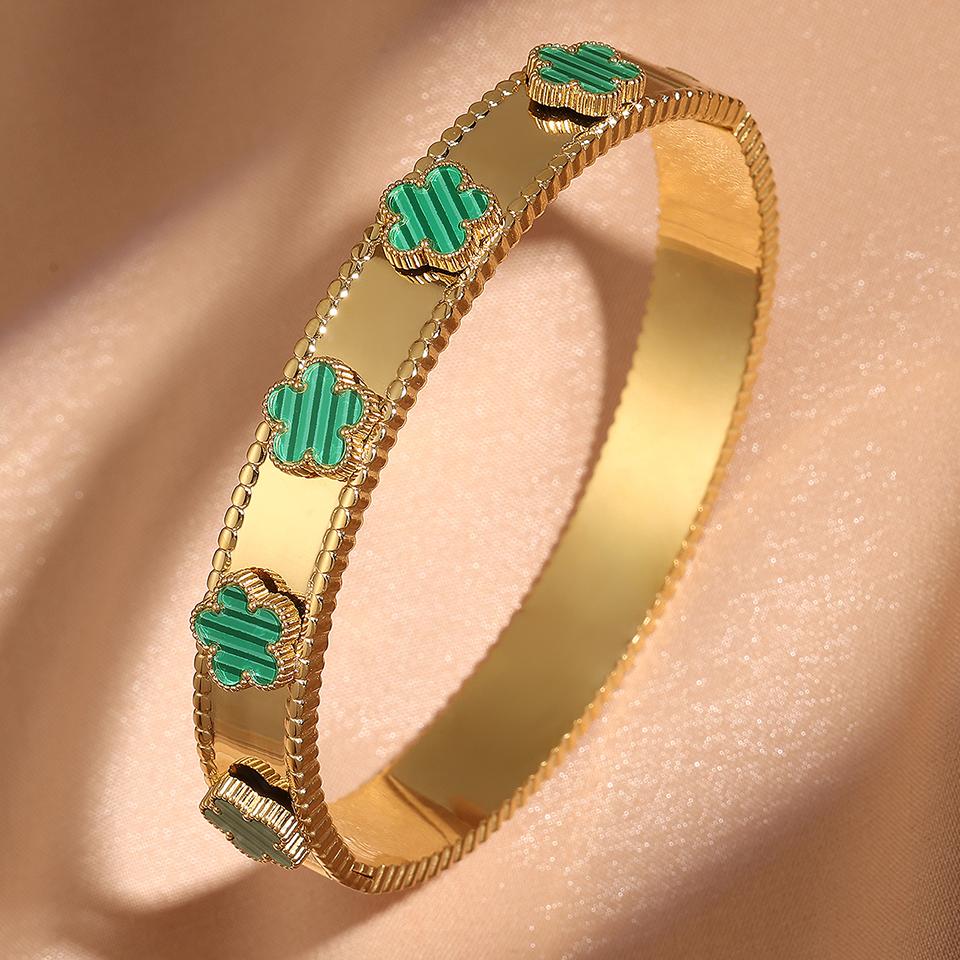 

ZAKOL Модные браслеты-манжеты из нержавеющей стали с цветком-пятилистником на удачу для женщин, девушек, металлические браслеты-наручники золотого цвета, подарки с цирконом