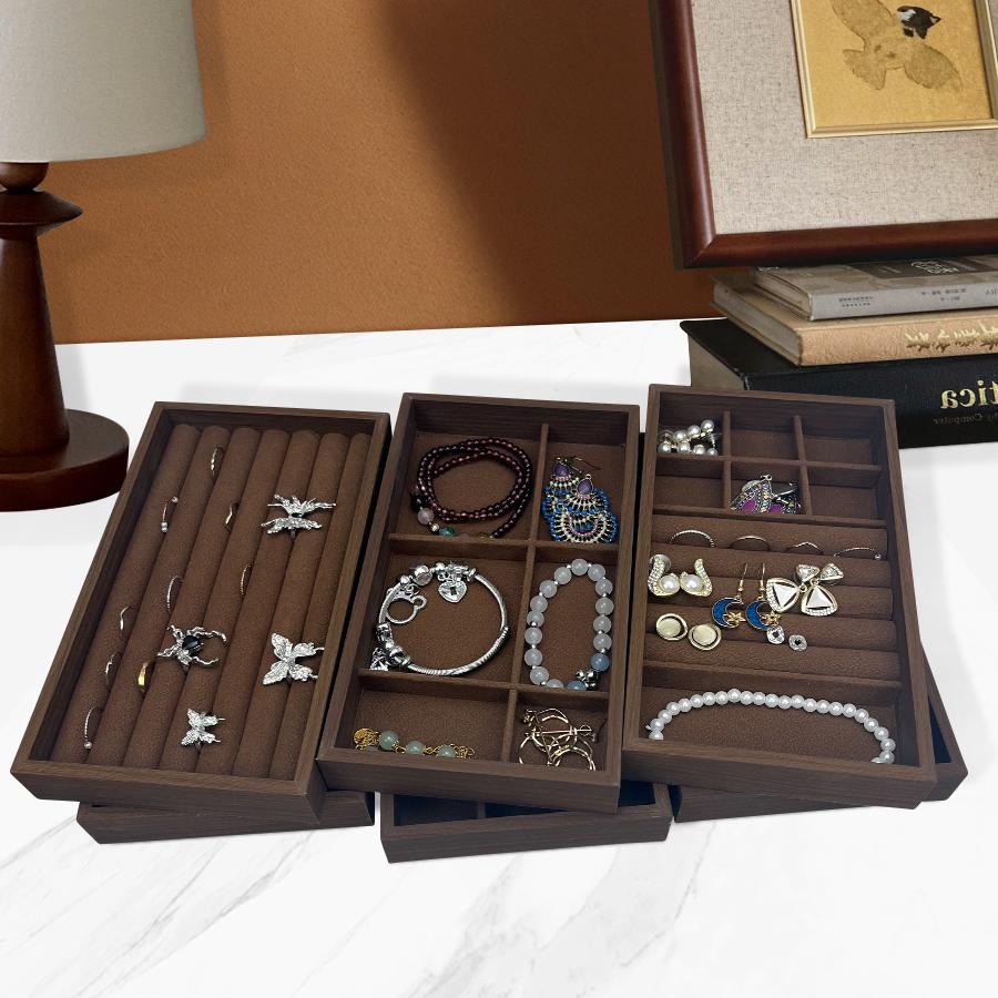 1 Pc, Walnut Wood Pattern Jewelry Box, Jewelry Tray, Suitable for Storing Necklaces, Rings, Earrings, and Ear Studs, Color: Coffee