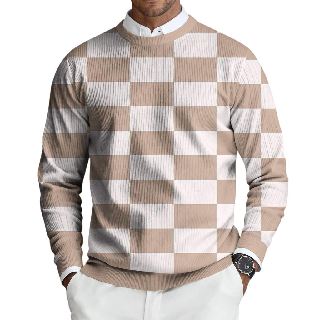 Męski sweter z okrągłym dekoltem, długim rękawem i prążkowanej dzianiny