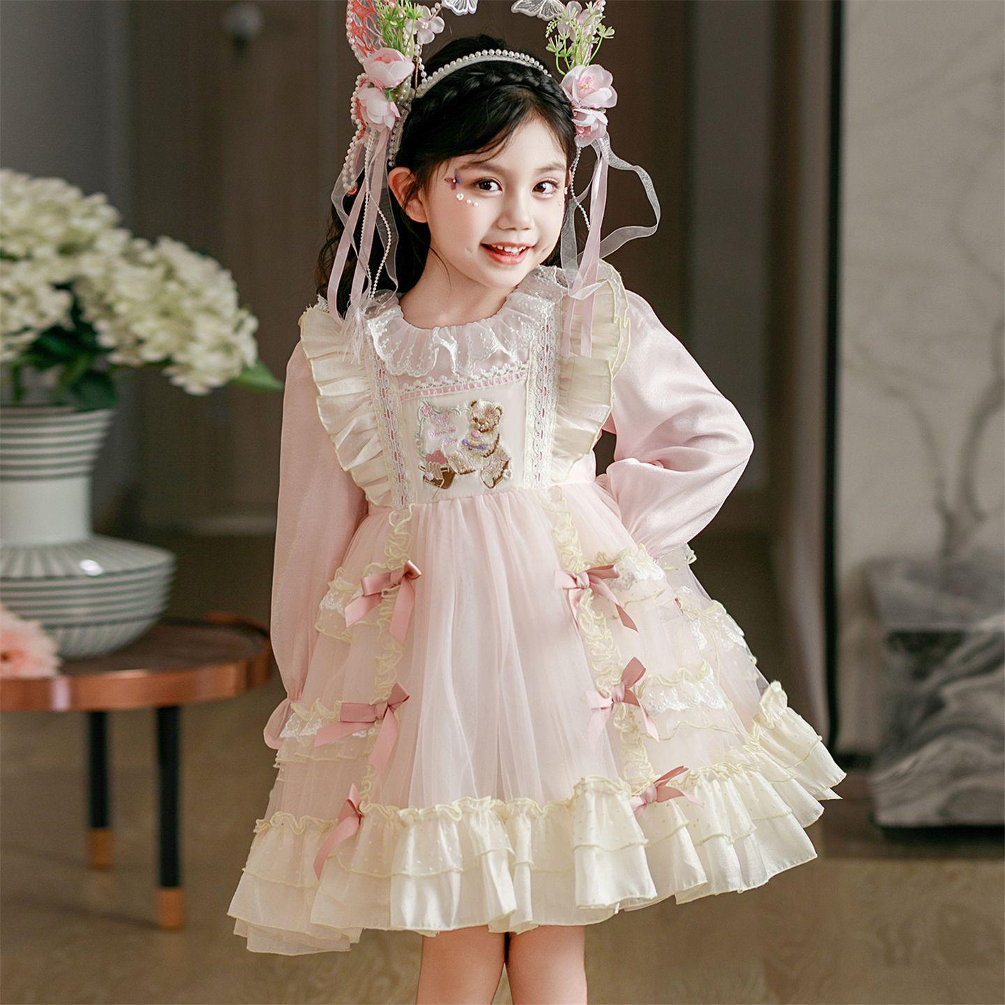 

Осеннее платье принцессы Лолиты с вышивкой медведя и бантом 100-150 cm / Set of 6 розовый