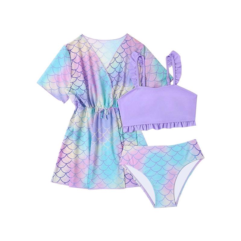 2025 Girls' Three-Piece Swimsuit Set - Split Swimwear & Cover-Up for Kids