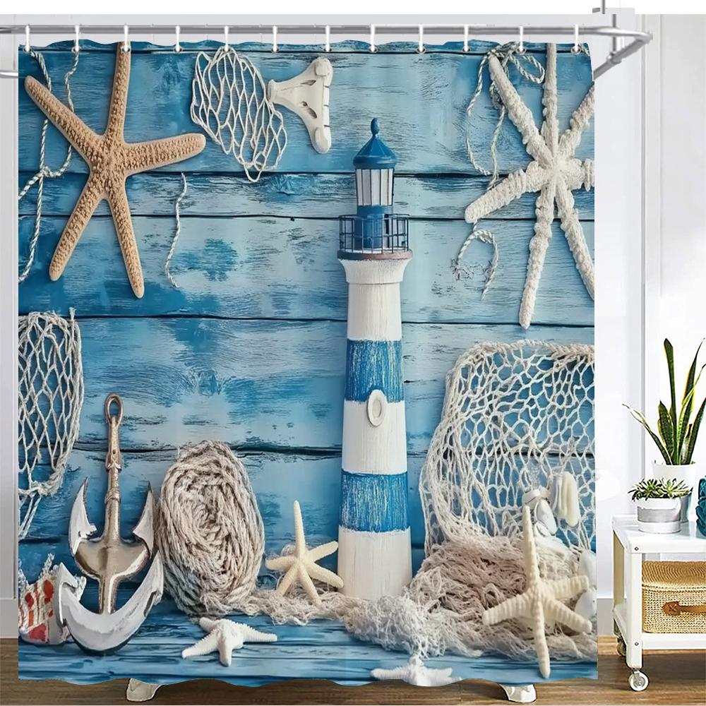 

Mediterranean Style Shower Curtain Bath Curtain Blue Ocean Lighthouse Printed Bathroom Curtains For Home Decoration Curtain W60H190(CM)-1 Pcs