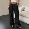 Women's Summer Casual Solid Color Textured Fabric Wide Leg Pants, Knot Waist Oblique Pocket Trousers