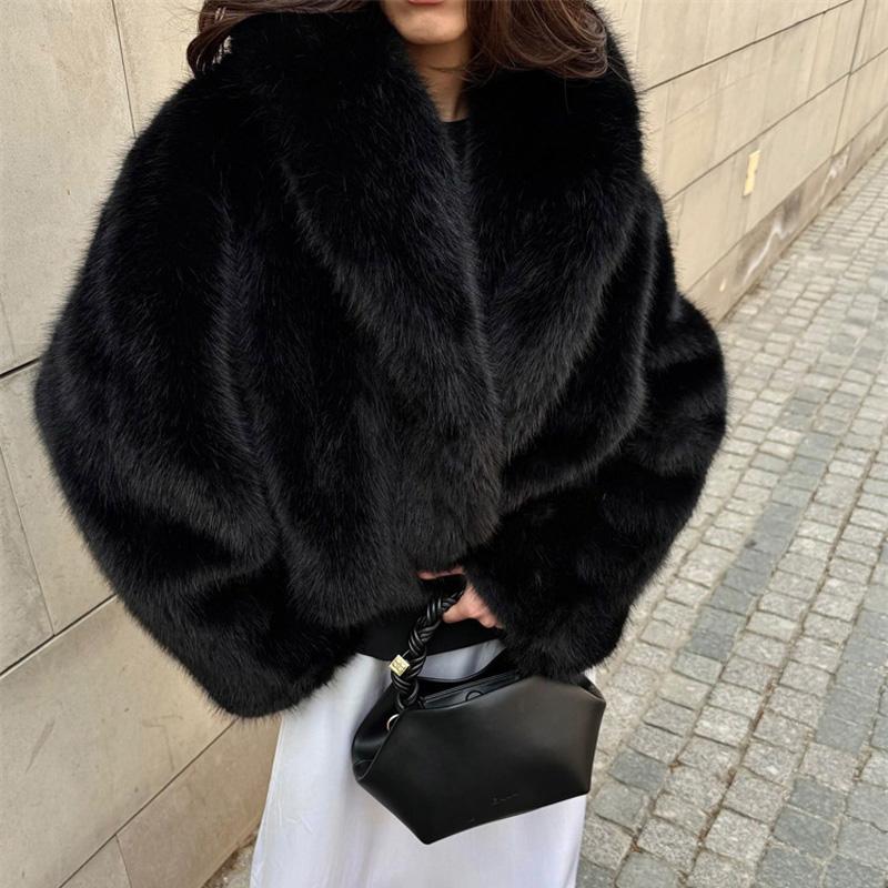 Wintermode Pelz Feder Oberbekleidung für Damen Revers Hohe Taille Warm Locker Langarm Pendelmantel Weiblich Pelz Feder