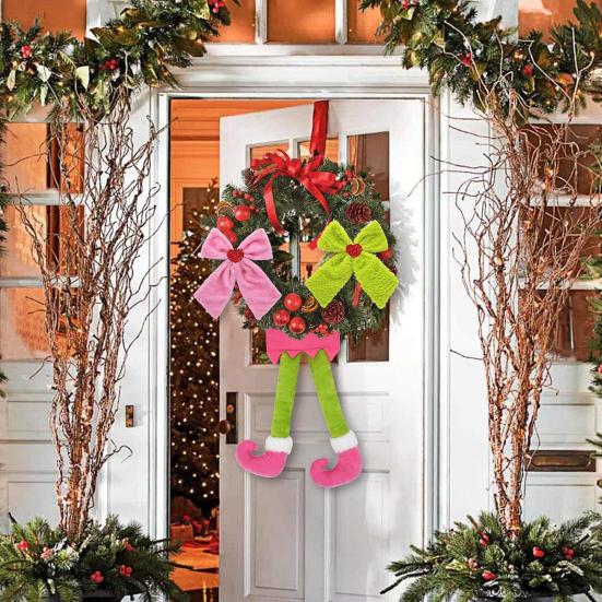 Christmas Bow Hanging Ornament Plush Elf Legs with Red Green Bows for Tree Decor Festive Fun Home Decoration