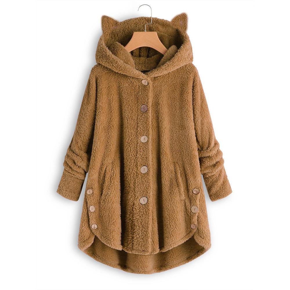 Amazon 2025 Autumn and Winter European and American Buttons Hooded Cat Ears Plush Top Irregular Trendy Brand Solid Color Coat Women