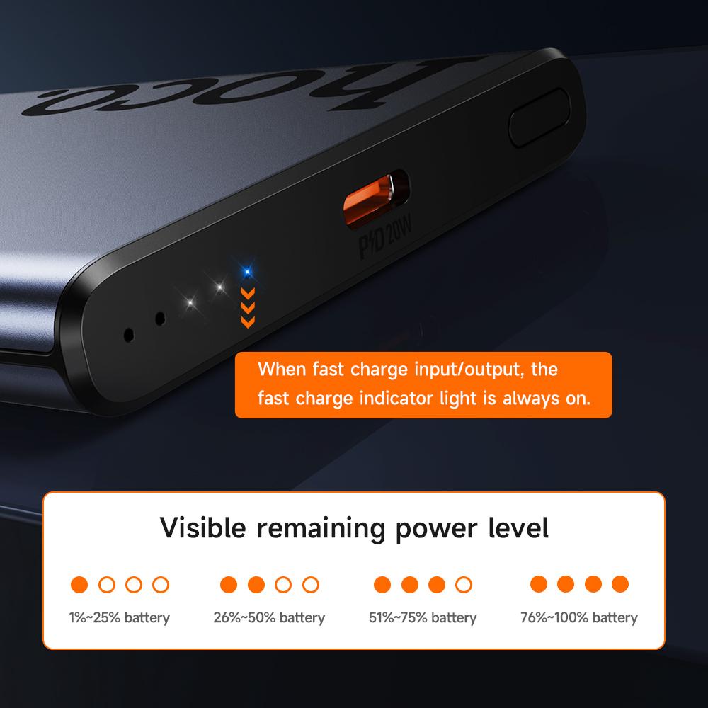 Hoco . Q32 5000mAh 15W Magnetyczny Bezprzewodowy Power Bank z Szybkim Ładowaniem PD20W, Ultracienka Przenośna Ładowarka, 18W samoładowanie