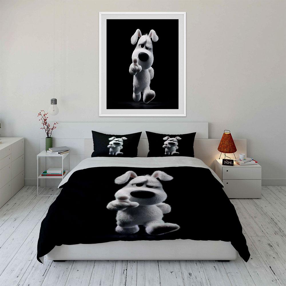 Cartoon White Dog Black Background Duvet Cover Set With 3D Printing Design Soft Polyester Bedding Set All-Season Comfort