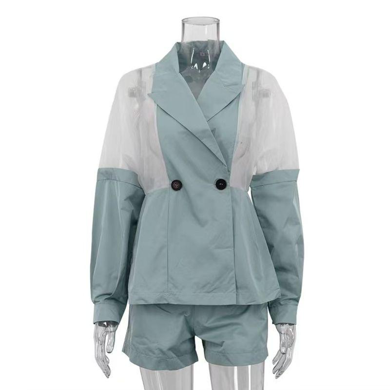 

Western Style Fashion Mesh Patchwork Long sleeve Lapel Cardigan Top Shorts Set Top and Shorts Set Green L