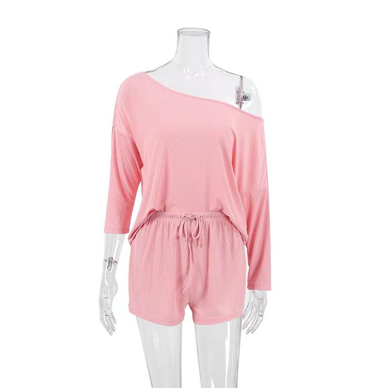 

European and American Sunken Stripe Top Shorts Fashion Set Home Wear Pit Stripe Top and Shorts Set Pink M