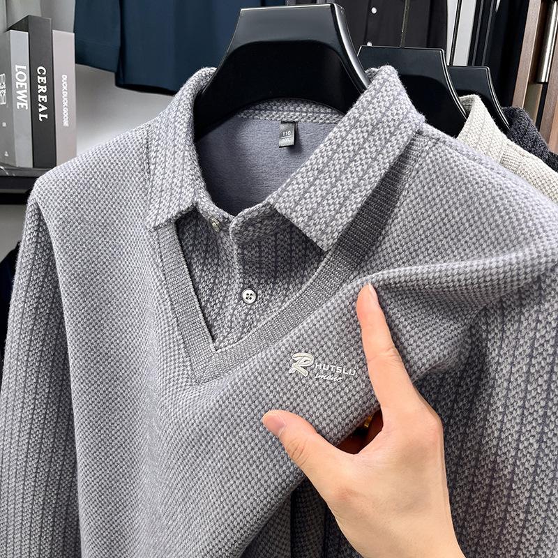 Winter Vacation Two Sweaters Men'S Polo Shirt With A Collar And Long Sleeves, Thick And Warm Base Shirt