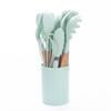11-Piece Silicone Kitchen Utensil Set with Wooden Handles - Black & Khaki Storage Bucket Included
