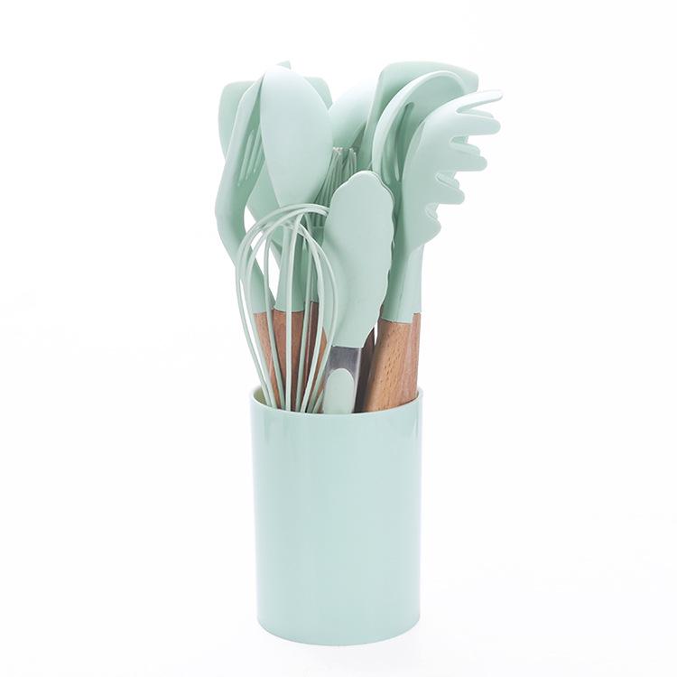 11-Piece Silicone Kitchen Utensil Set with Wooden Handles - Black & Khaki Storage Bucket Included