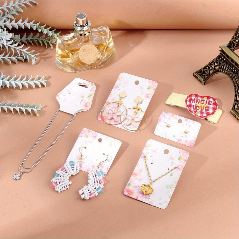 140pcs Flower Pattern Jewelry Packaging - 140pcs/Set, 4 Styles White Cardboard Display Cards for Earrings Necklaces Pinkish Tone Versatile Stylish