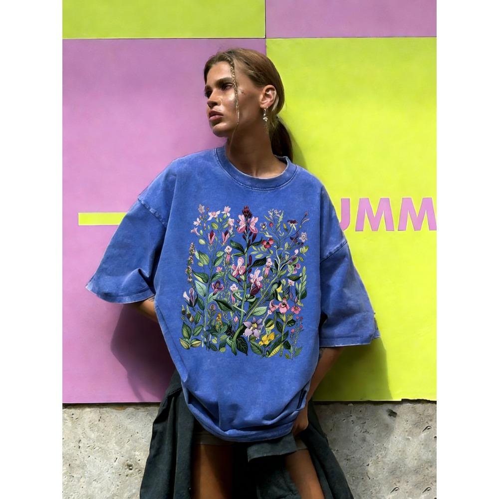 With Different Beautiful Flower Prints, Women's Washed T-shirts, Summer Loose T-shirts, Round Neck Clothes, All-match Streetwear