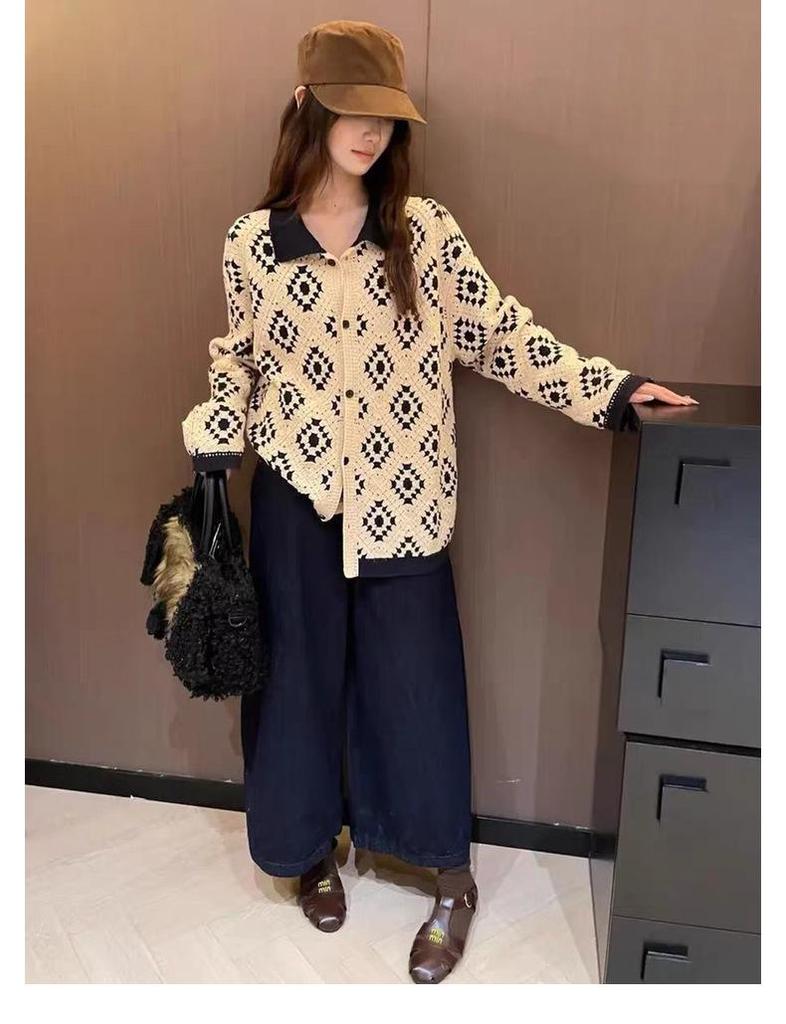 Women's Casual Colorblock Knit Cardigan Polo Sweater – Autumn 2025 Collection