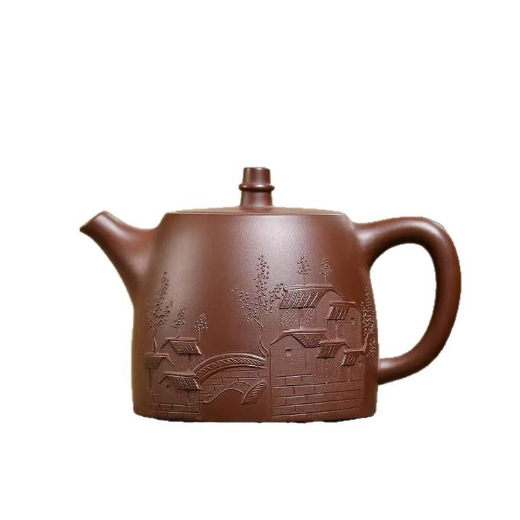Yixing Zisha Teapot: Handmade, Engraved Han Duo Design with Original Ore Bottom Slot - Clear Tea Set.