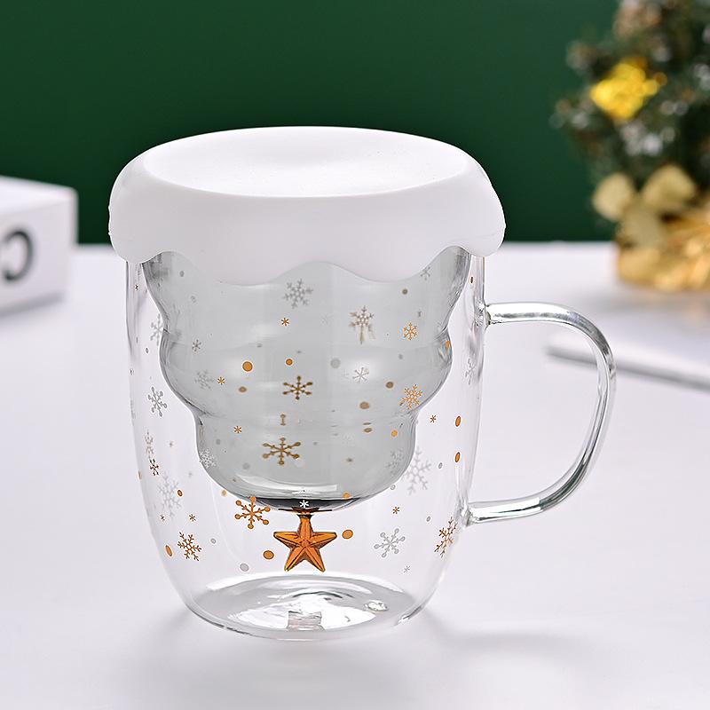 Double Layer Insulated Christmas Cup with Lid Coffee Cup High Borosilicate Glass Cup Wholesale with Handle Glass Decorative Cup