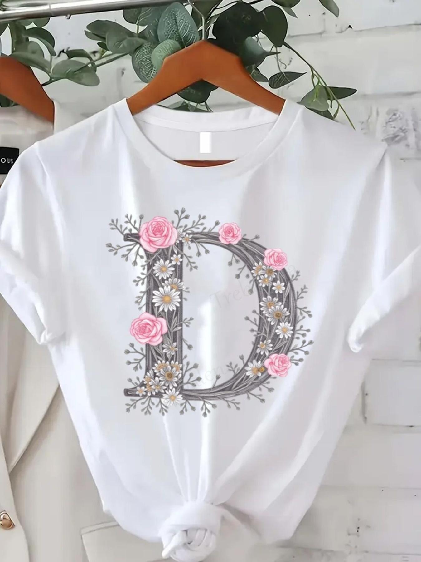 

European Size Oversized T-Shirt with Pink Rose & D Letter Print | White Casual Short Sleeve Round Neck Blouse 4XL білий