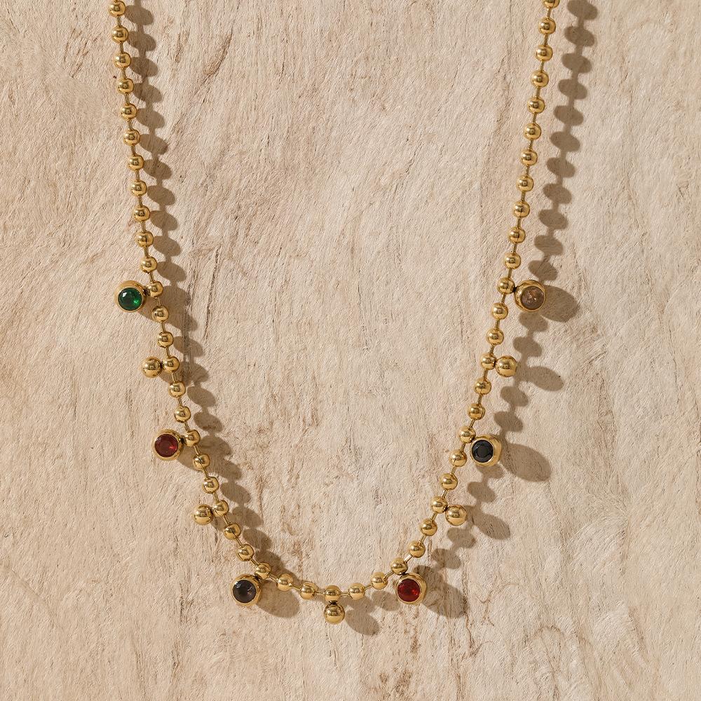 Vintage retro colored treasure small gold bead necklace French multi-color round zirconium round bead collarbone chain light luxury titanium steel