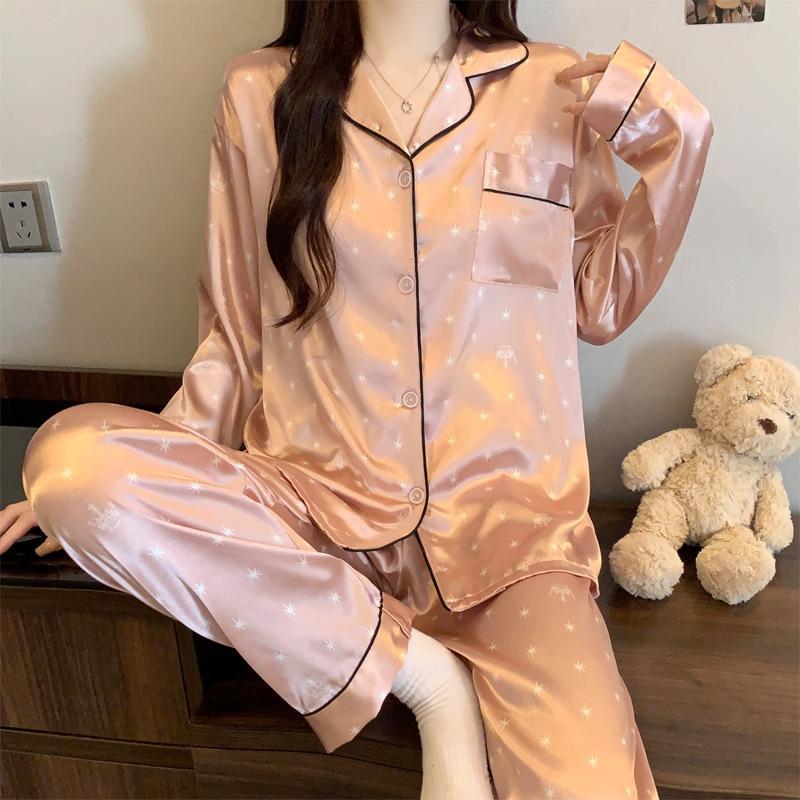 Light Luxury Retro High-End Leopard Print Star Ice Silk Pajamas Women'S Long-Sleeved Trousers Loungewear Set
