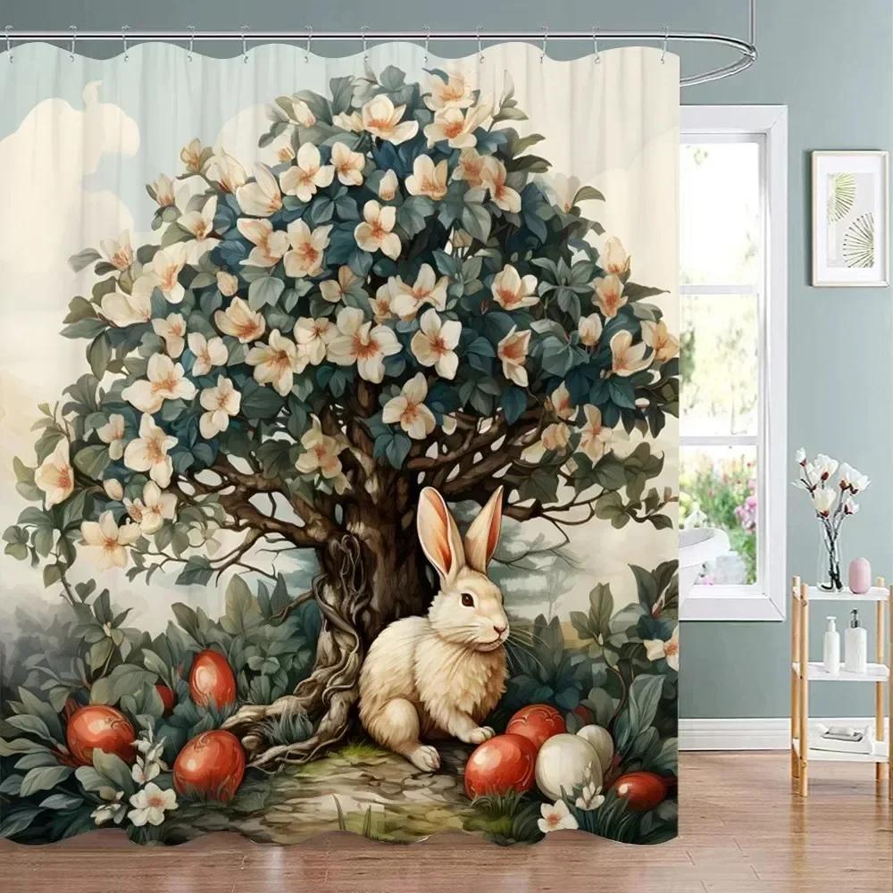 Easter Shower Curtain Happy  with Bunny Eggs Vintage Style    Bathroom Decoration