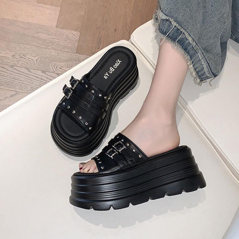 Women's Chunky Slippers 8CM Height Increasing Platform Sandals 2025Summer New Beach Slippers for Women Punk Style Casual Slipper