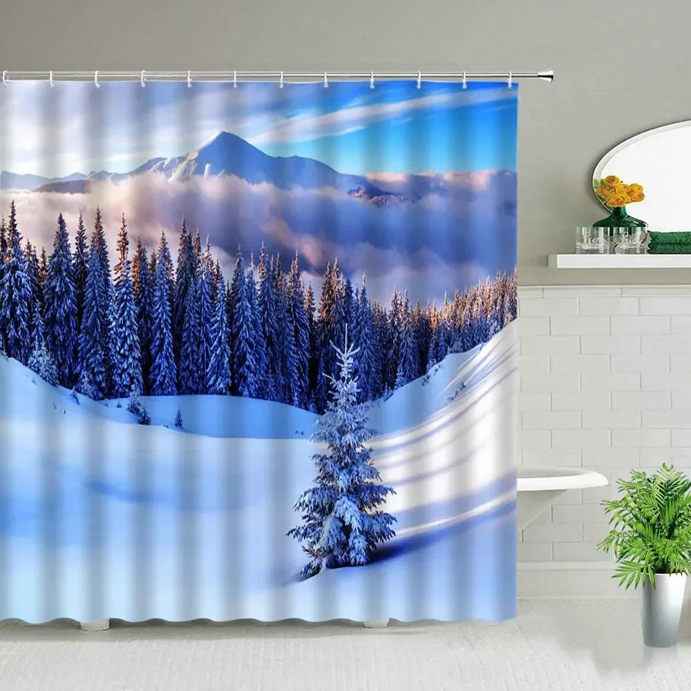 Winter Snow Scene Shower Curtains Trees Natural Scenery 3D Print Waterproof Bathroom Decor Home Bathtub Polyester Curtain Set