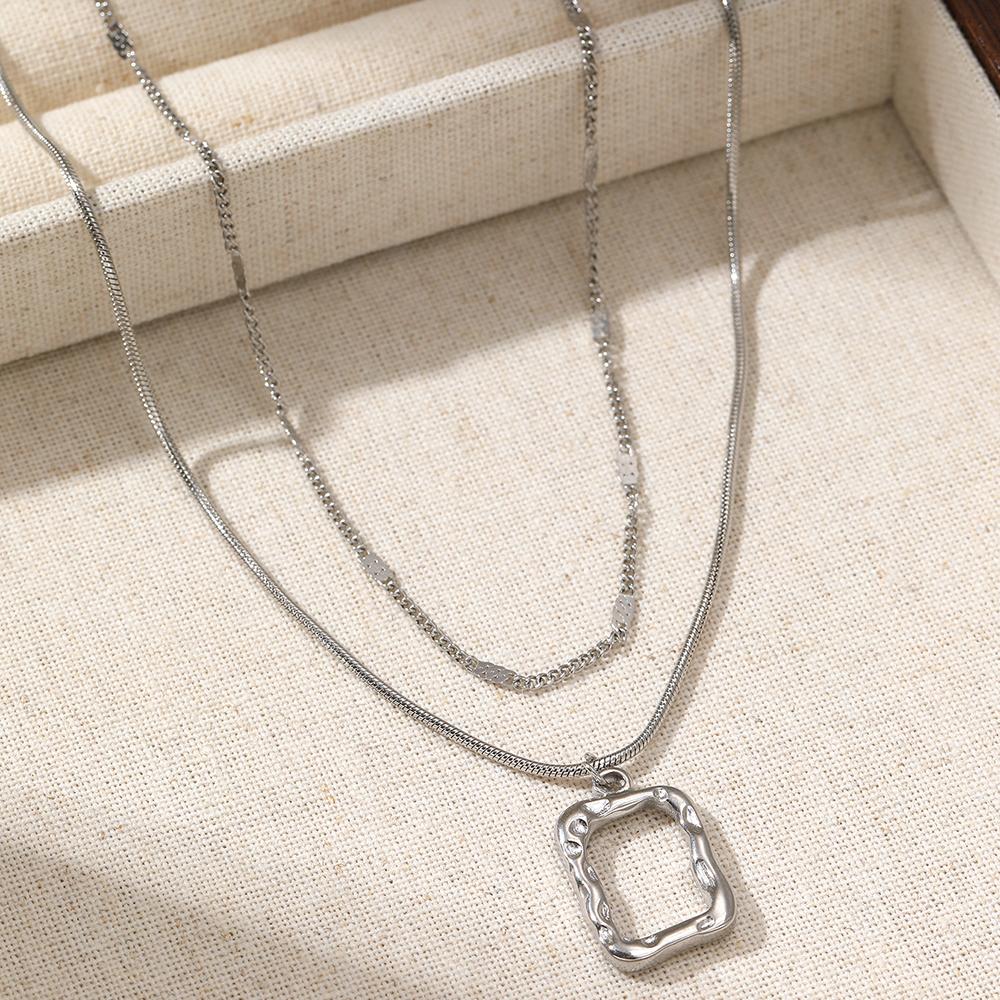Stainless Steel Necklace Classic Fashion Openwork Square Pendant Layer Chain Necklace For Women Zircon Party Personalized Gifts
