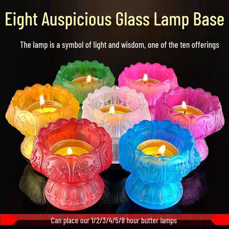 Colorful Lotus Ghee Lamp: Crystal Glass, Pure Copper Candle Holder for Buddhist Offerings