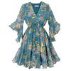 Women Fashion Casual Chiffon Floral Printing Short Sleeve V-Neck  Party Dress