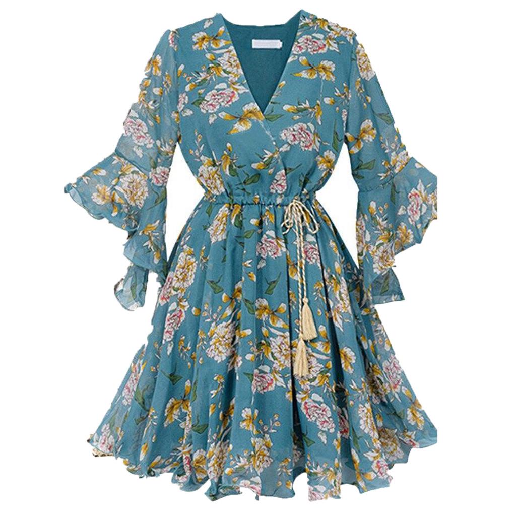 Women Fashion Casual Chiffon Floral Printing Short Sleeve V-Neck  Party Dress