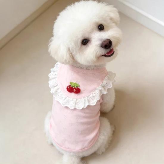 Pet Sleeveless Shirt Spring Summer Lace Ruffle Embroidery Cherry Small Breed Dogs Cats Clothes Breathable Pet Costume Outfit Apparel