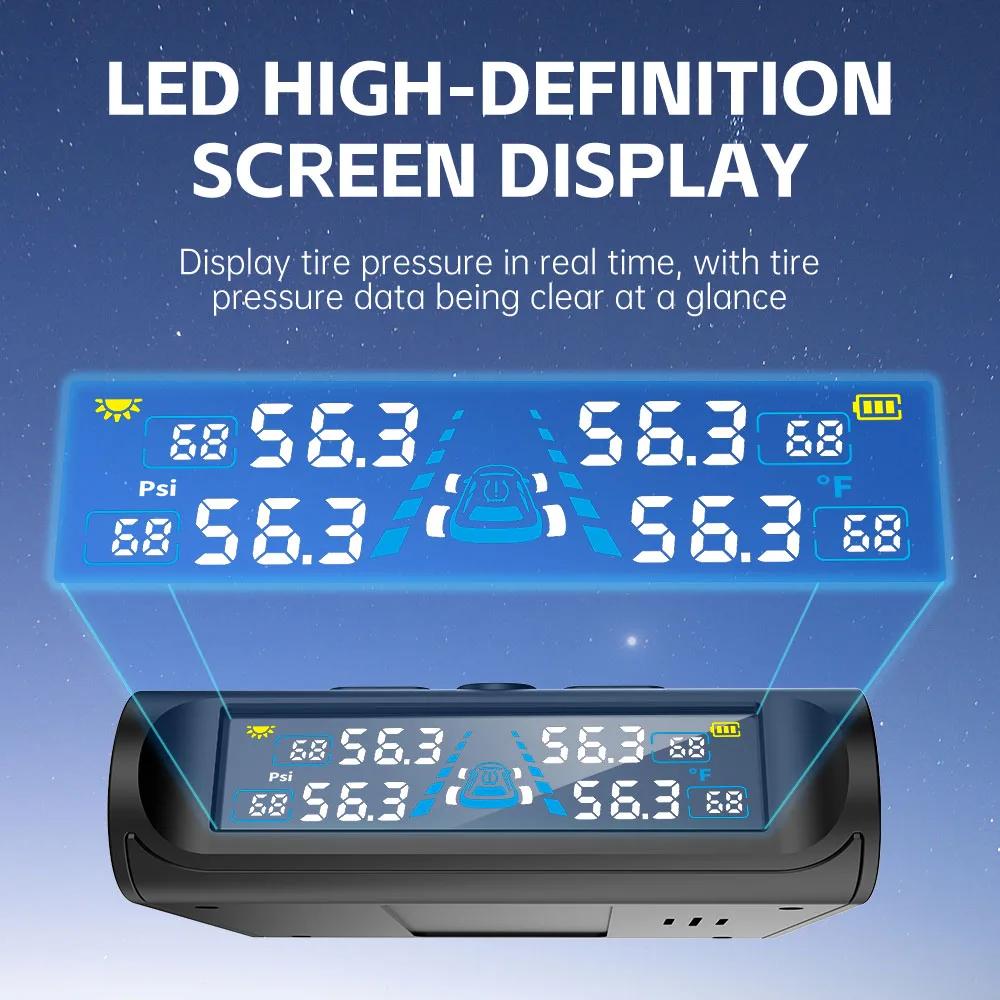 USB/Solar TPMS Temperature Monitor with 4 External Sensors Digital LCD Display 0-6.8Bar T21 Tire Pressure Gauge Car Tyre Monitor