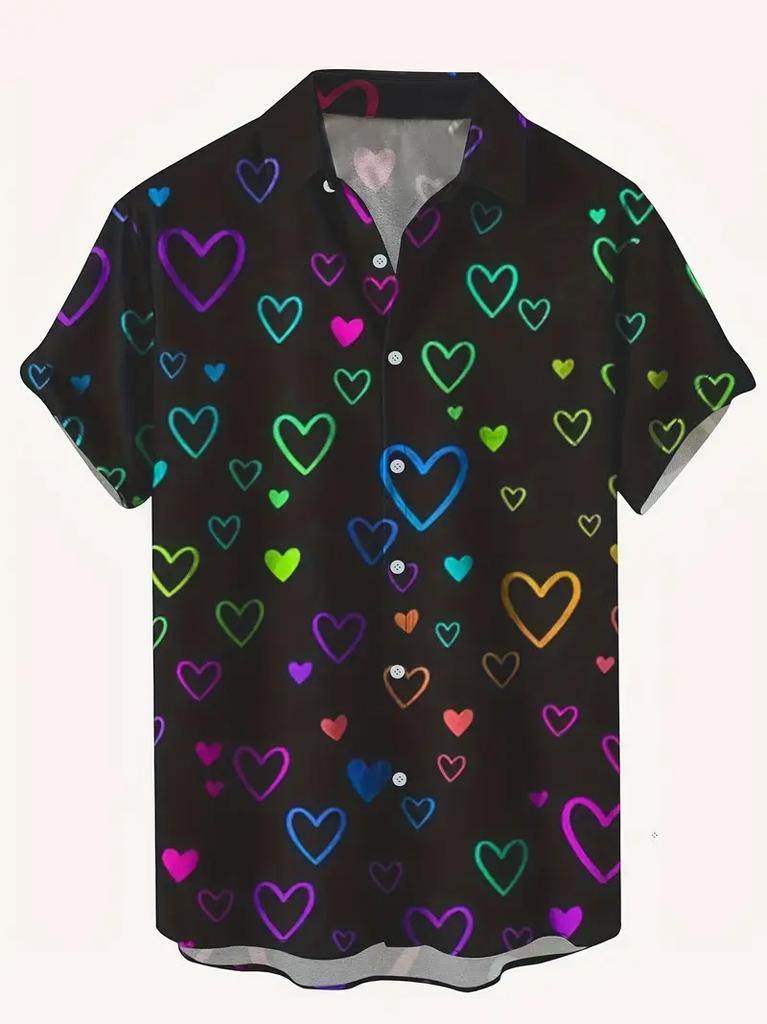 Trendy Short-sleeve Shirt with Love & Heart Prints, Casual and Versatile for Daily Wear.