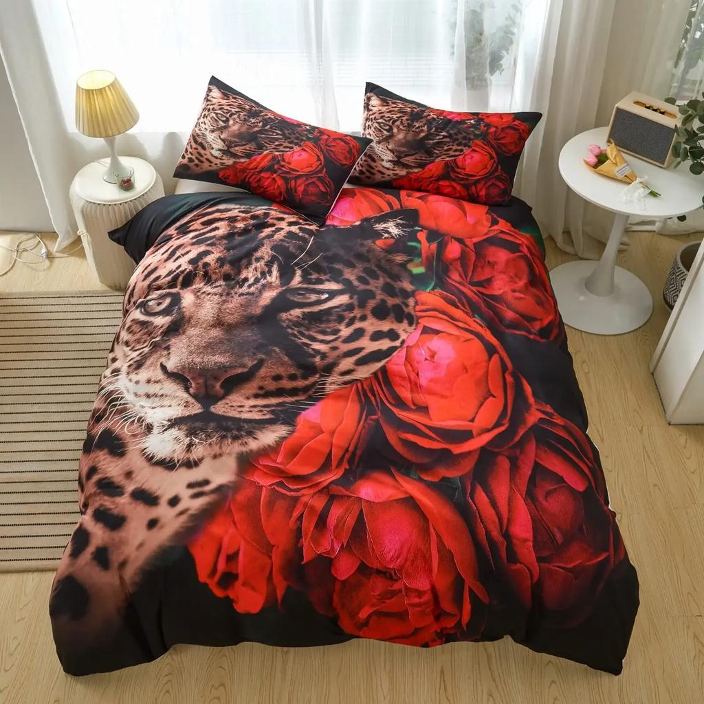 Leopard Comforter Cover King Queen Full Cheetah Bedding Set African Savanna Animal Duvet Cover Rose Flower Polyester Quilt Cover