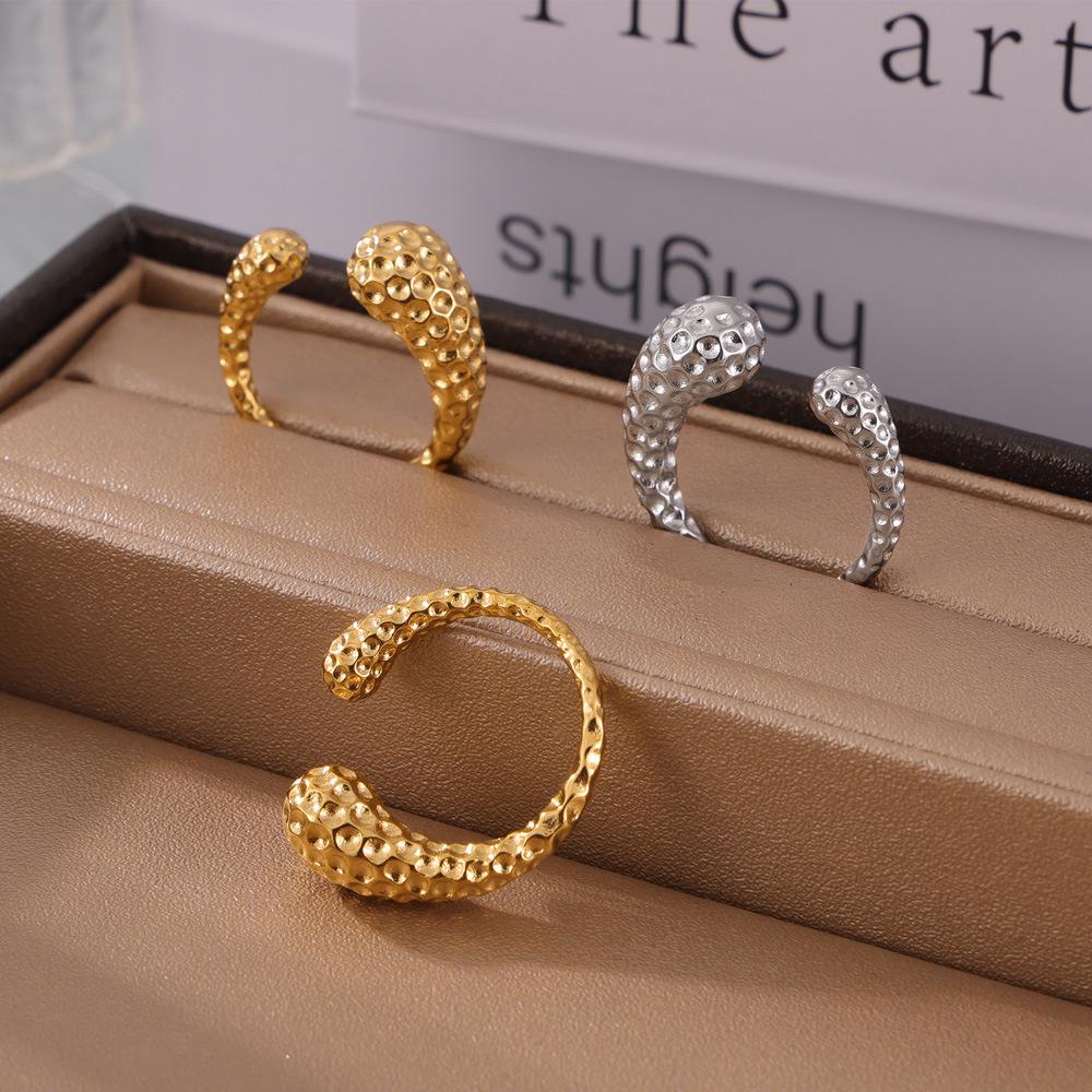 European & American Large Titanium Steel Water Drop Ring, 18K Gold Plated, Hammered Texture, Asymmetrical Open Design