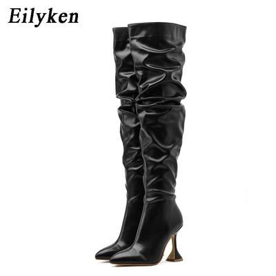 Design Pleated Leather Over The Knee Boots Fashion Runway Strange High Heels Sexy Pointed Toe Zip Womans Shoes