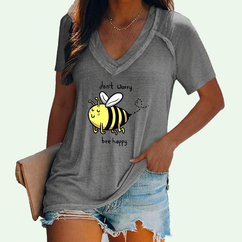 

Female Summer Casual Top Bee Print Short Sleeve Tee Shirt Women Pullover Slim Fit Top Fashion V Collar T-shirt