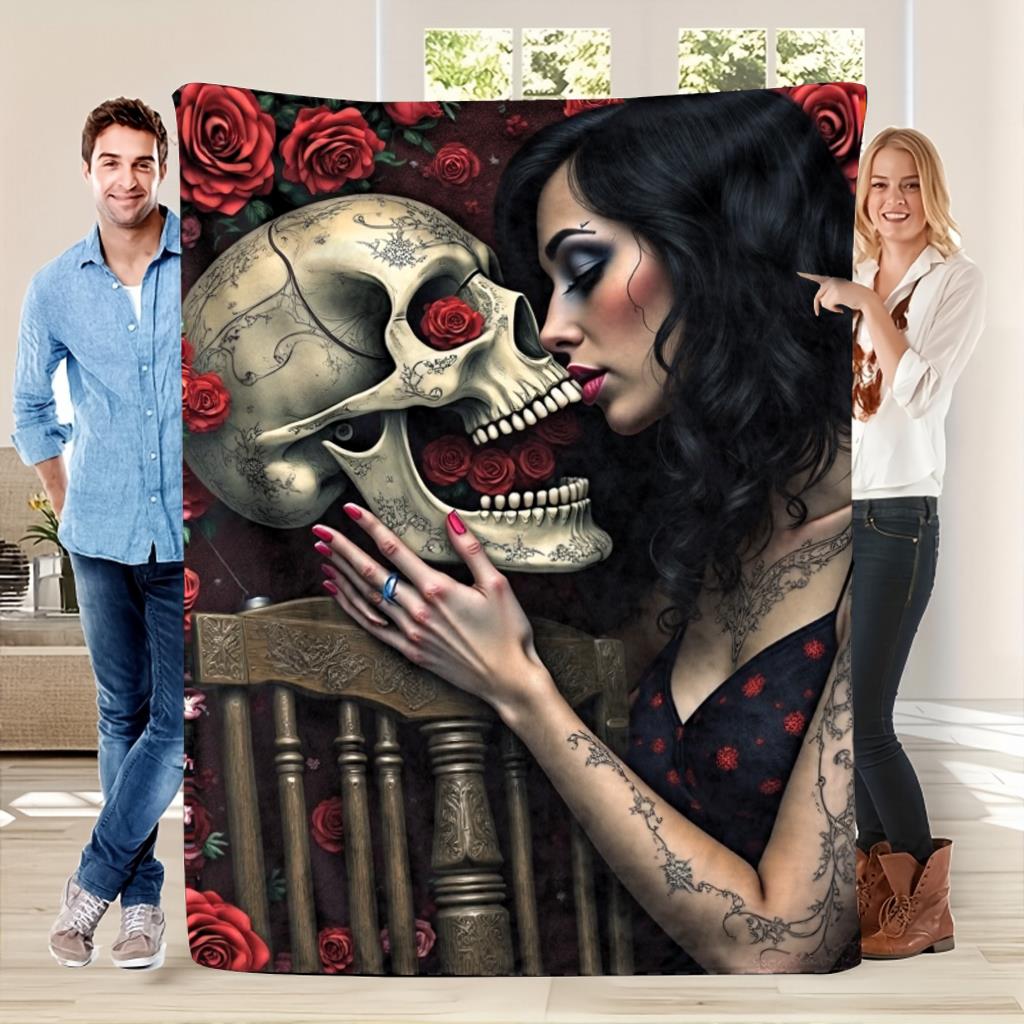 Retro Gothic-style Skull Rose Flannel Printed Blanket Suitable for All Seasons Suitable for Living Room Office Sofa and Travel