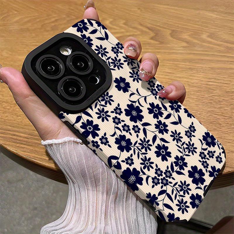 Navy Blue Retro Floral Print Phone Case Suitable for iPhone 17 16 15 14 13 12 11Pro/Max/Plus Anti Drop and Shockproof Back Cover
