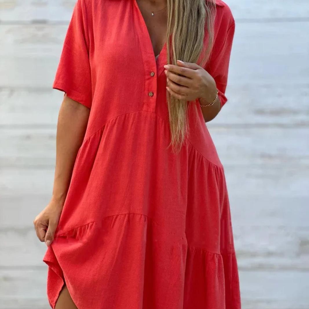 

Fashion Short Sleeve White Cotton Linen Dress Women 2024 Summer Loose Casual Buttons Comfortable Dresses For Women Robe Femme XS красный