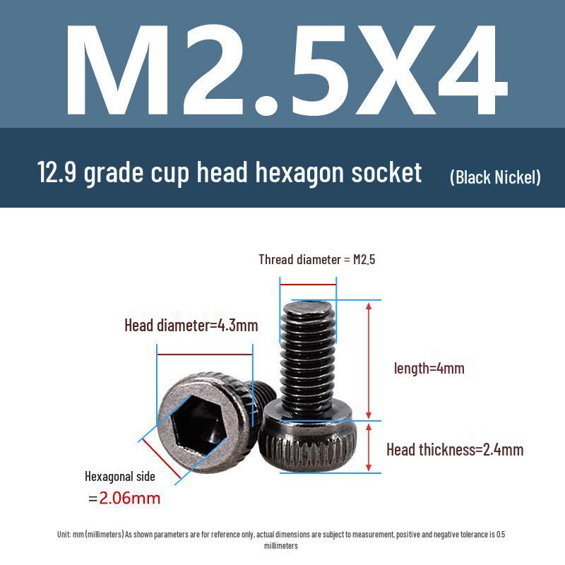 Yigu High-Strength Black Nickel Hex Socket Screw, M1.6-M4, Knurled Cup Head Bolt, 12.9 Grade.