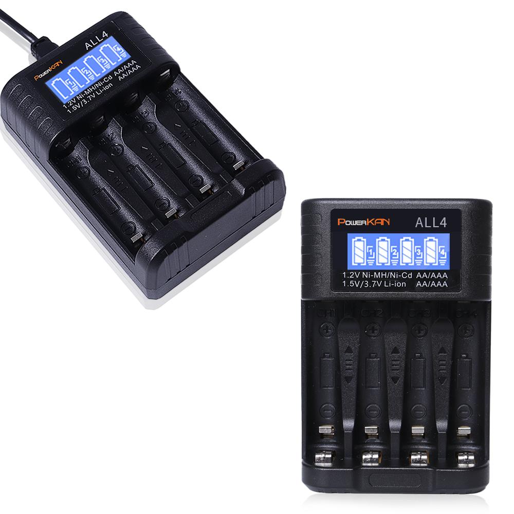 POWERKAN ALL4 AA/AAA 4-slot Small Convenient Battery Charger for 1.2V Hi-MH& 1.5V/3.7VLi-ion With LCD Screen
