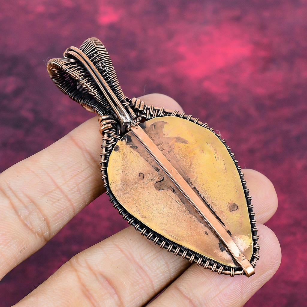 Green Carved Bone Face Pendant Copper Wire Wrapped Rainbow Moonstone Jewelry