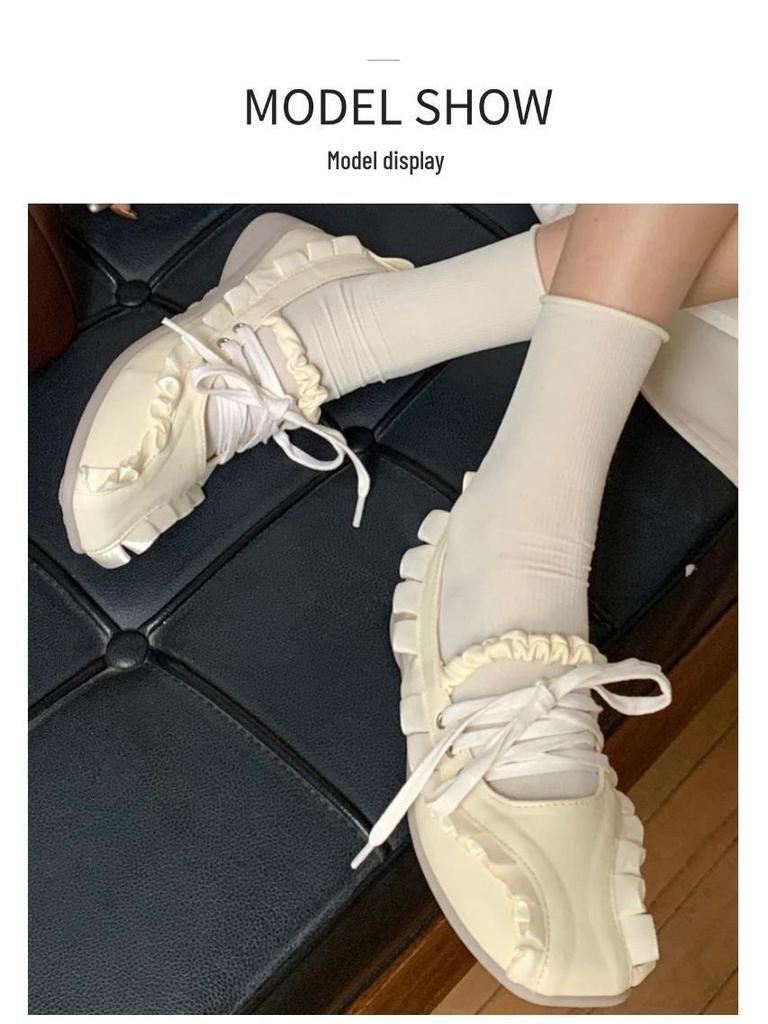 In-Stock 2025 Women's Korean Ballet Flats - Square Toe, Lace-Up, Low-Top Leather Sneakers