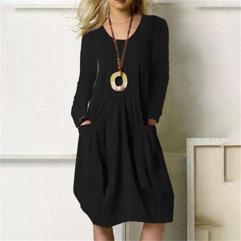 

2025 New European and American Style Amazon Independent Site Ebay Cotton and Linen Loose Casual Long Dress Solid Color Pocket Dress Black 2XL