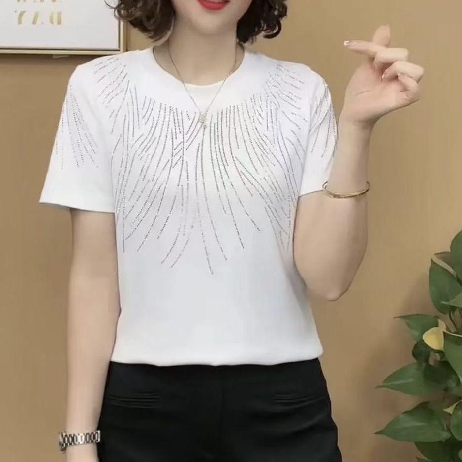 Women's Summer Rhinestone Slimming Round Neck Short Sleeve T-Shirt